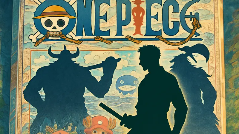 Зоро из One Piece, готовящийся  к битве с Дори и Броги на фоне обложки манги.