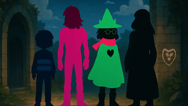 Персонажи из игр Undertale и Deltarune, стоящие рядом, символизируя связь между играми.