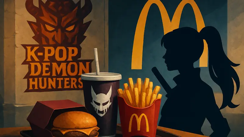 Логотипы KPop Demon Hunters и McDonald's, стилизованное изображение тематического комбо-набора.