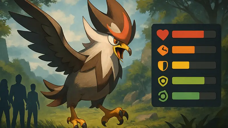 Изображение покемона Мега Стараптор в Pokemon Champions, показывающее его характеристики.