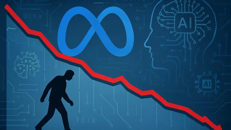 График оттока пользователей Meta на фоне логотипа компании и символов ИИ.