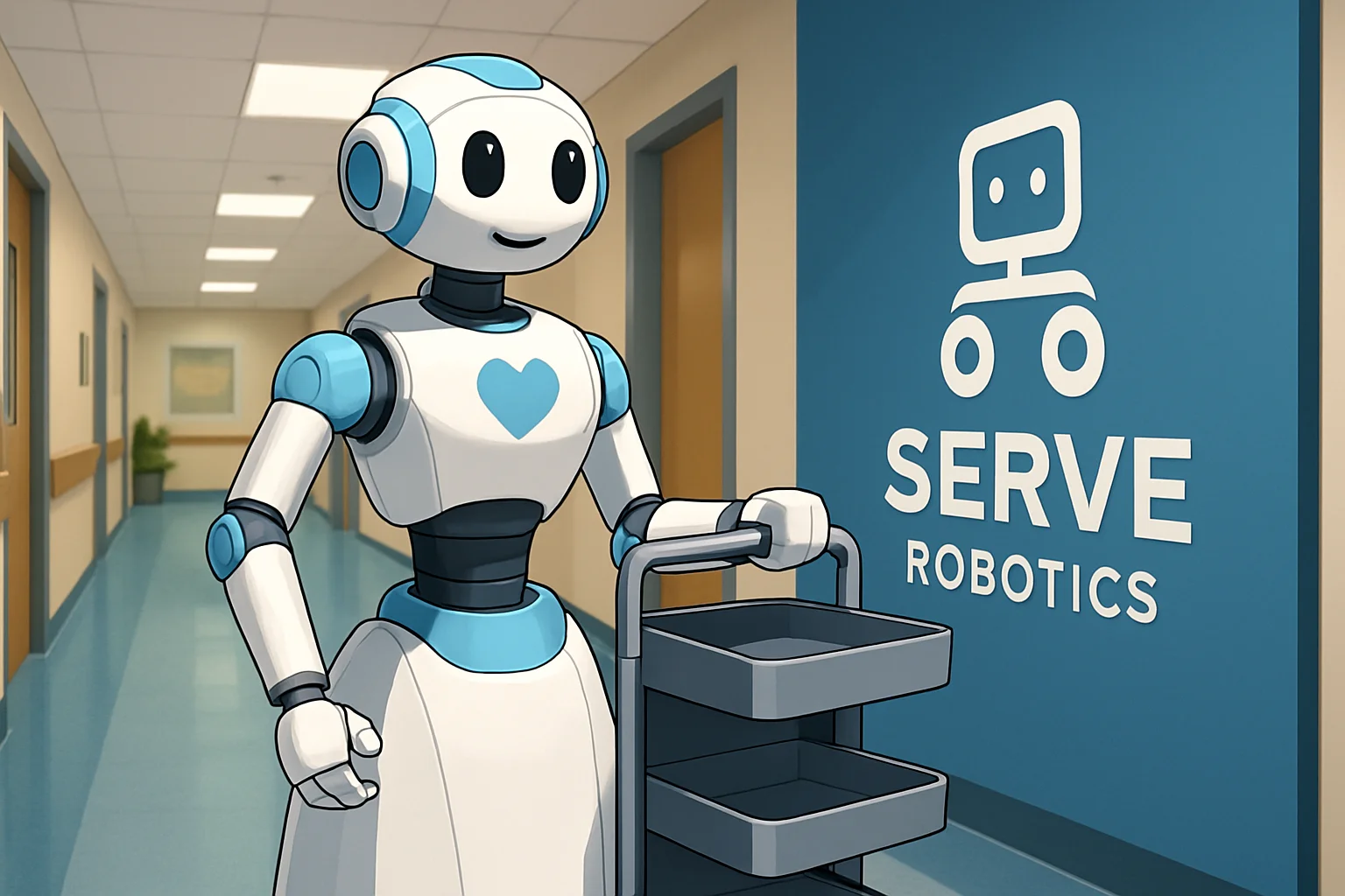 Робот Moxi из Diligent Robotics, стоящий в коридоре больницы, рядом с логотипом Serve Robotics.
