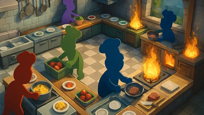 Геймплей Overcooked 2 с хаотичным приготовлением еды на кухне