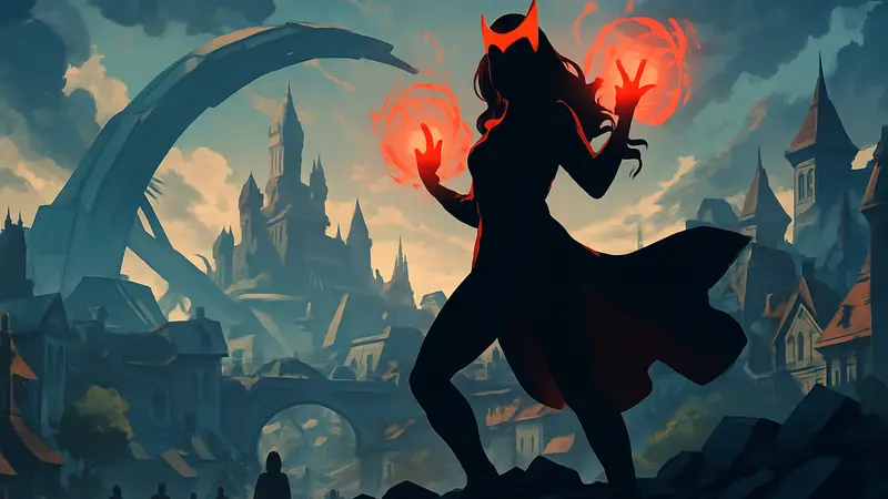 Косплей Алой Ведьмы от Александры «Caterpillar» Бодлер, поза из Marvel Rivals.