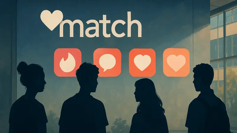 Логотип Match Group или иконки дейтинг-приложений на фоне силуэтов молодых людей.