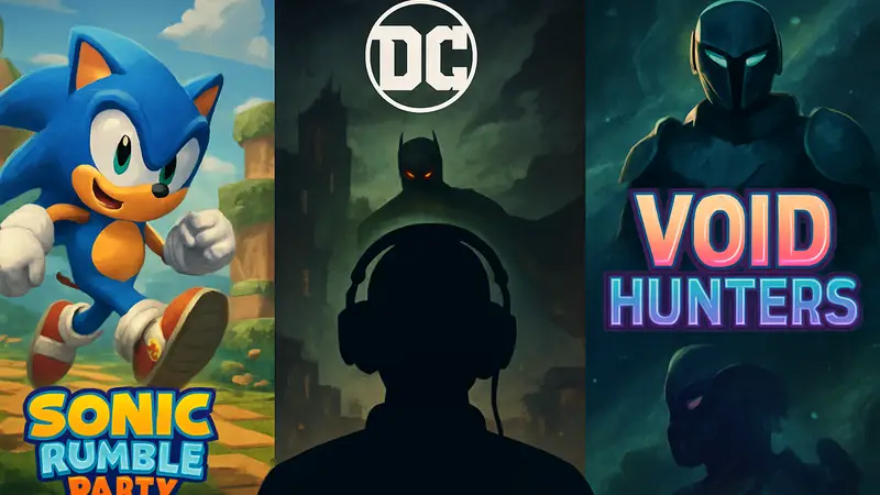 Обложка подкаста Pocket Gamer с логотипами Sonic Rumble Party, DC: Dark Legion, Void Hunters.