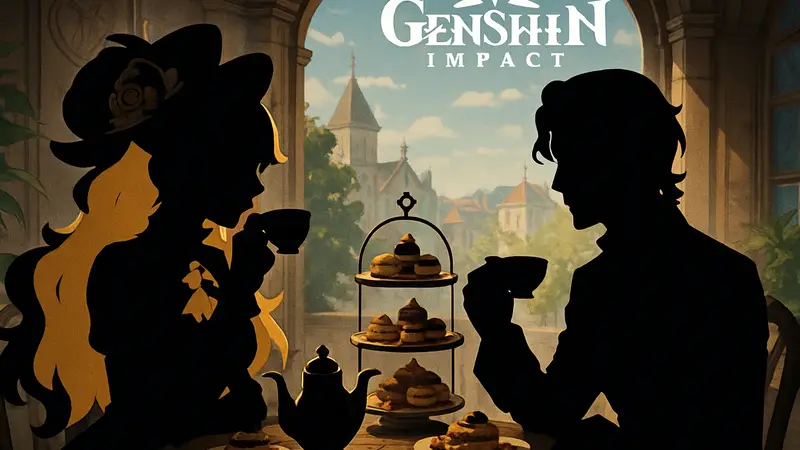 Косплей Навии и Эскофье из Genshin Impact, наслаждающихся чаем и выпечкой.