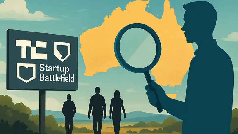 Логотип TechCrunch Startup Battlefield и карта Австралии, поиск стартапов.