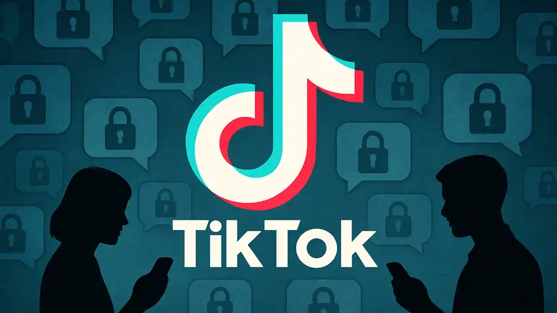Логотип TikTok на фоне иконок чатов, символизирующий отсутствие сквозного шифрования личных сообщений.