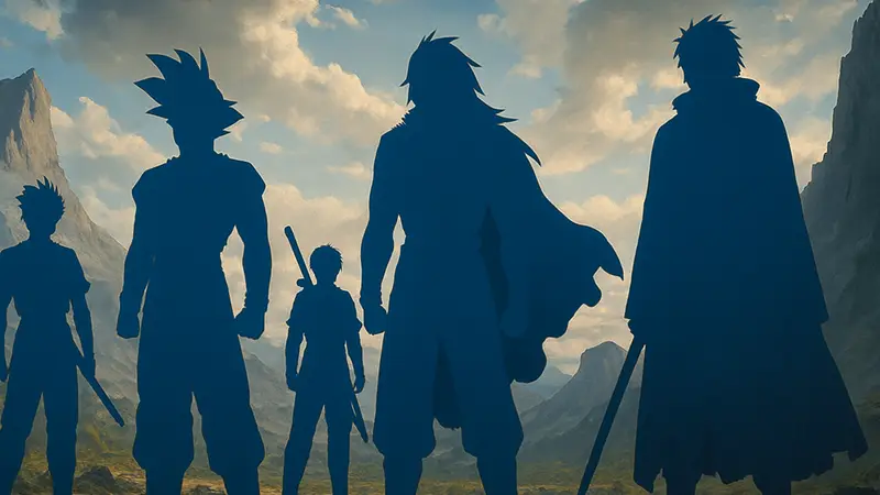 Группа сильных аниме-персонажей стоит на фоне эпических пейзажей, готовясь к битве.