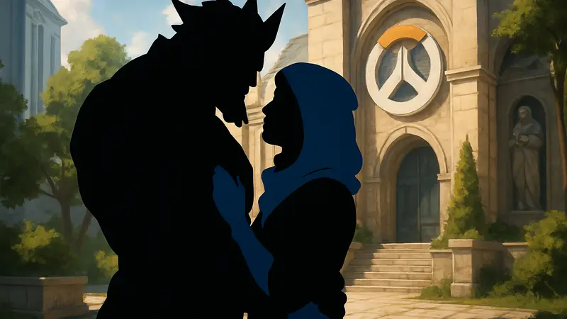 Райнхардт и Ана из Overwatch, изображённые вместе, символизируя развитие их романтических отношений в лоре