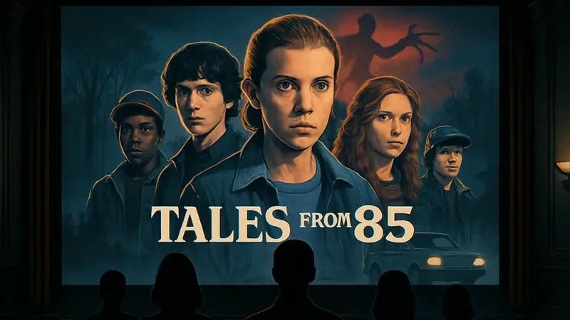 Постер Stranger Things: Tales from '85, изображающий стилизованных персонажей на фоне кинотеатрального экрана