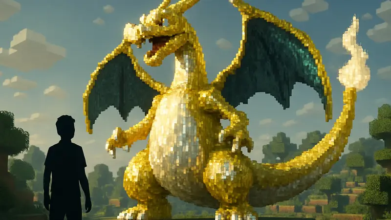 Огромная блочная фигура блестящего Чаризарда в мире фанатского проекта Pokopia.