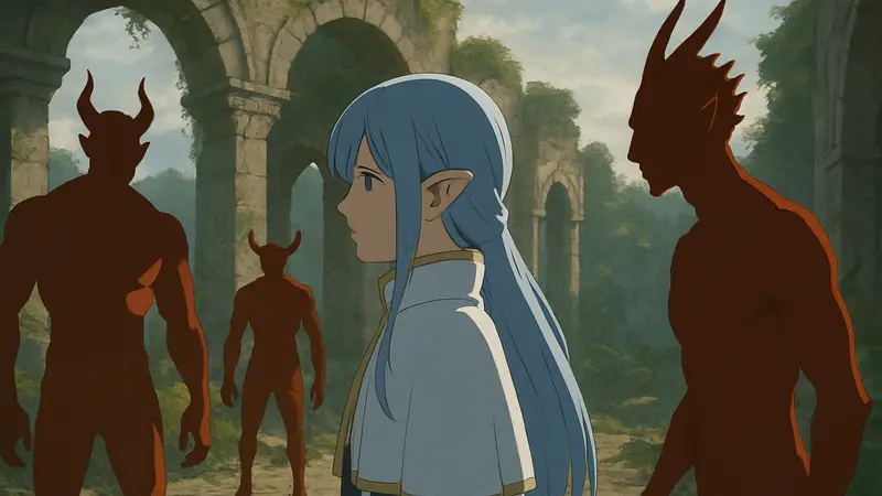 Кадр из аниме Frieren: Beyond Journey's End, эпизод 7, с Фрирен и демонами.