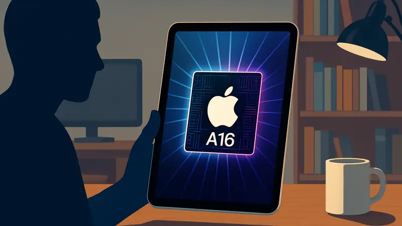 Новый Apple iPad с чипом A16 на фоне рабочего стола, крупный план на экран.