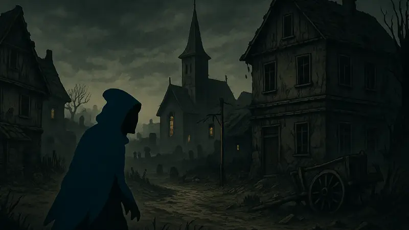 Арт из игры Midnight Souls, изображающий мрачный провинциальный город