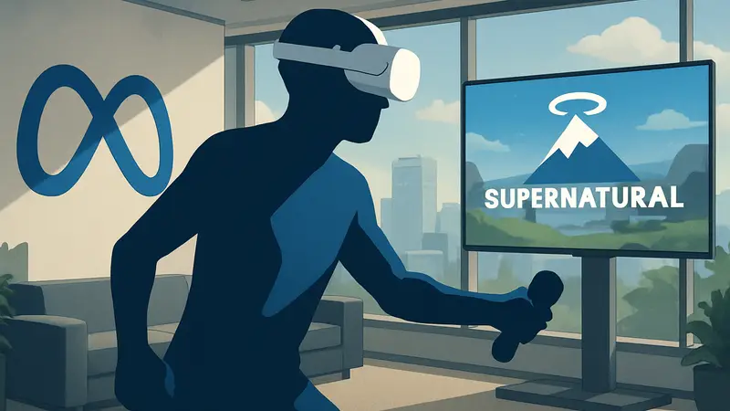 Человек в VR-шлеме играет в фитнес-игру Supernatural, логотип Meta, VR-технологии