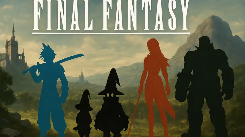 Логотип Final Fantasy на фоне персонажей, символизирующих реиграбельные части серии.
