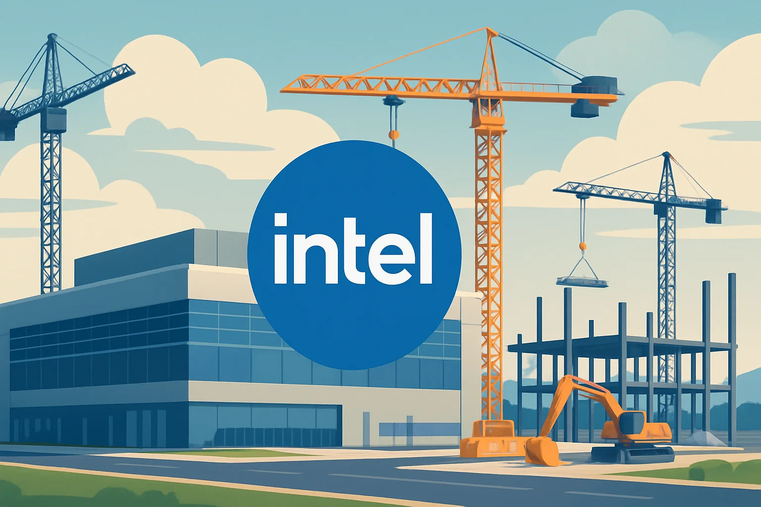 Схематичное изображение мегафабрики Intel Ohio One или строительной площадки с логотипом Intel