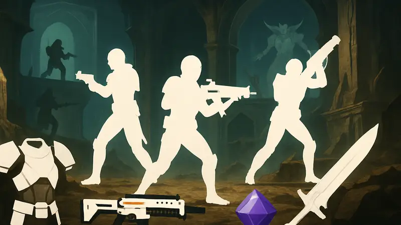 Изображение персонажей Destiny 2, сражающихся в рейде King's Fall, с элементами добычи на переднем плане