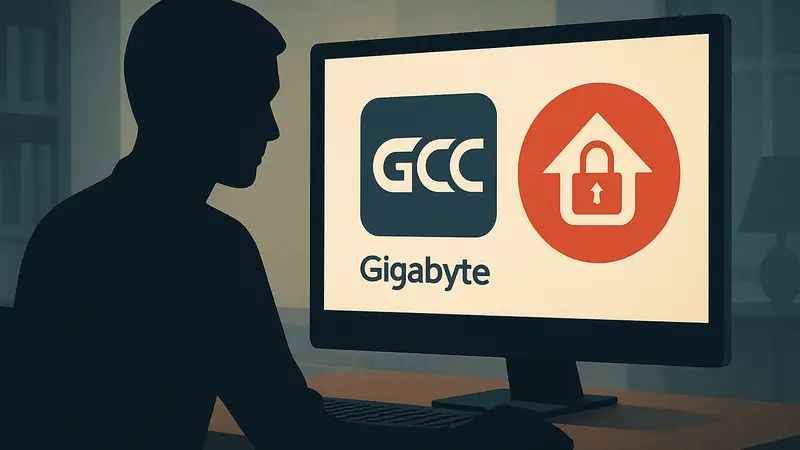 Логотип Gigabyte Control Center на экране компьютера, демонстрирующий необходимость обновления ПО для безопасности.