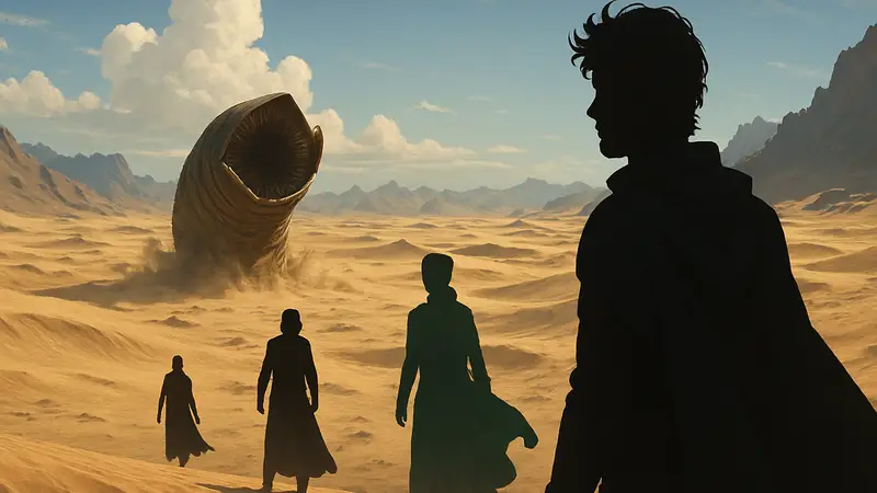 Кадр из тизера фильма "Дюна: Часть третья", с песчаными пейзажами и персонажами из фильма.