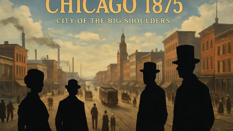 Обложка настольной игры Chicago 1875: City of the Big Shoulders с изображением Чикаго XIX века.