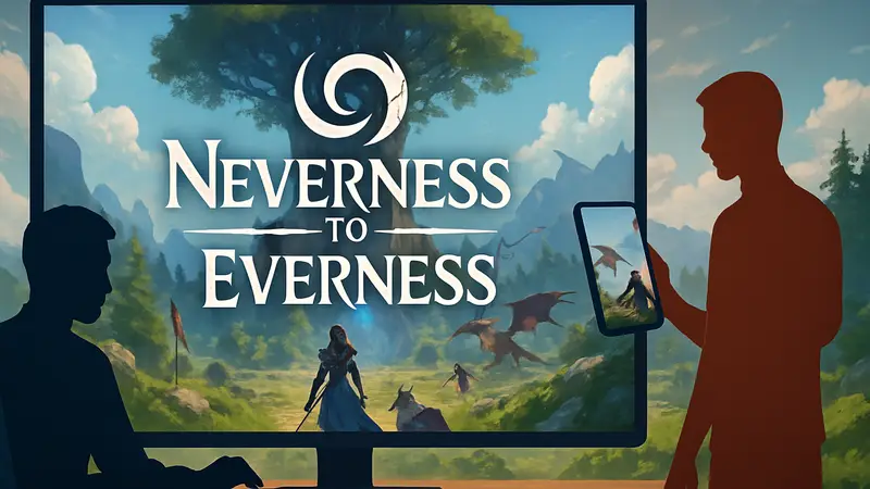 Логотип игры Neverness to Everness на фоне скриншота геймплея с элементами ПК и мобильной версии
