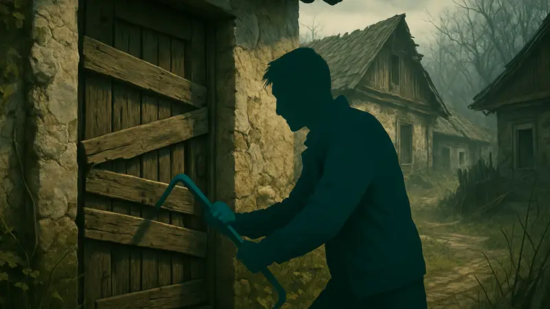Игрок в REANIMAL использует лом для открытия заколоченных деревянных дверей в заброшенной деревне.