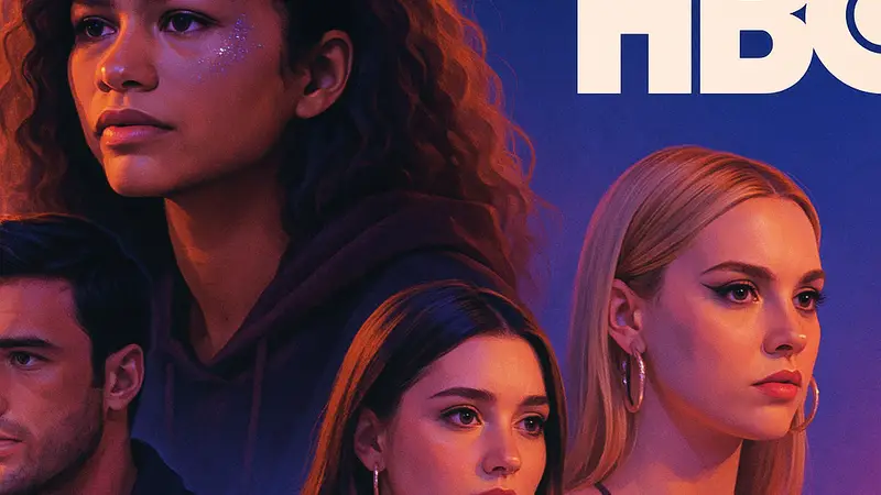 Кадры из сериала "Эйфория" с актёрами и логотипом HBO