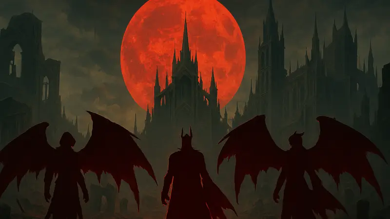 Постер готического ролевого экшена Crimson Moon с изображением тёмных ангелов
