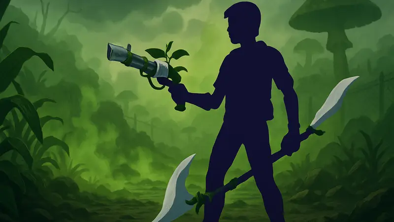 Игровой скриншот с новым оружием из DLC Toxic Tangle для Grounded 2 на фоне ядовитой местности. Новинки для выживания.