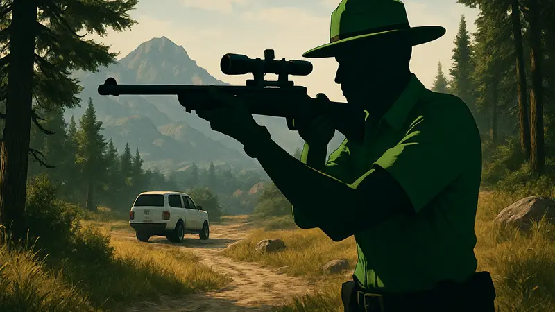 Персонаж GTA Online в форме рейнджера, участвующий в испытании по поимке целей.