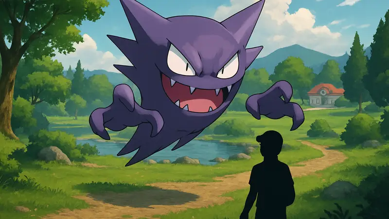 Изображение покемона Haunter, призрачно парящего, на фоне игрового мира Pokémon.