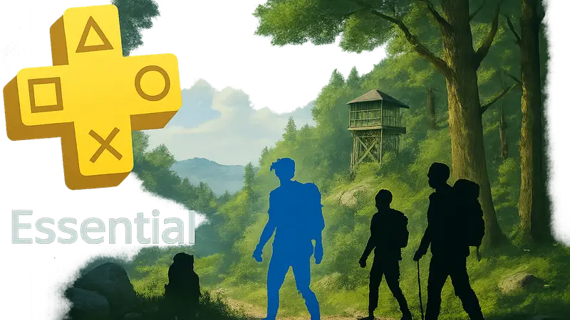 Логотип PS Plus Essential и кадр из кооперативной игры Big Walk, анонсированной для августа 2026.