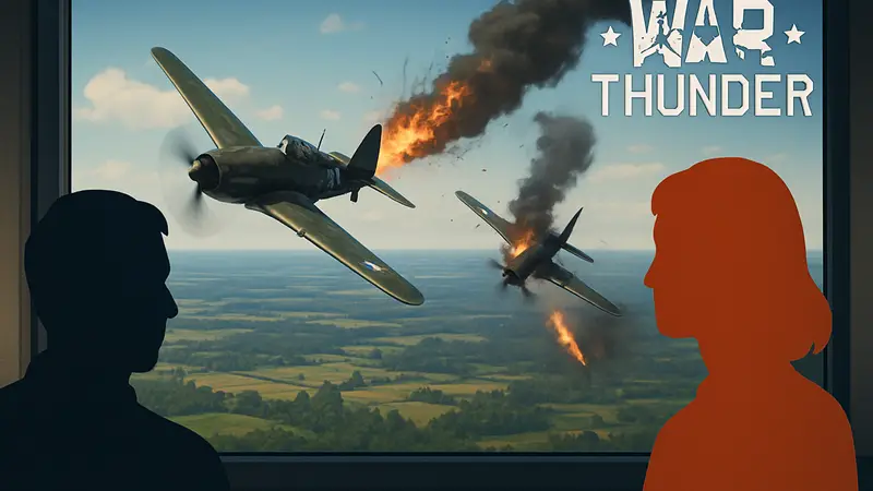 Скриншот из War Thunder с изображением воздушного боя, стилизованный под новостной репортаж, демонстрирующий дезинформацию.