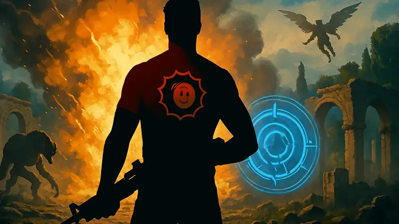 Серьёзный Сэм на фоне взрывов с оружием, возможно, с логотипом Shatterverse.