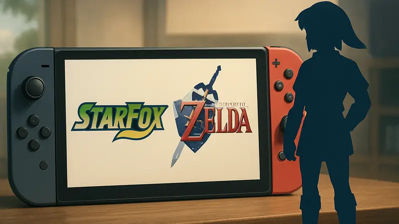 Логотипы Star Fox и The Legend of Zelda: Ocarina of Time на фоне консоли Nintendo Switch 2.