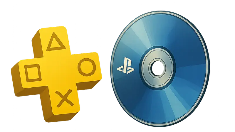 Логотип PS Plus и физический диск PlayStation, на фоне протеста игроков
