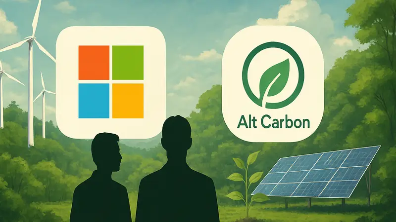 Логотипы Microsoft и Alt Carbon на фоне зелёных технологий или изображений природы.