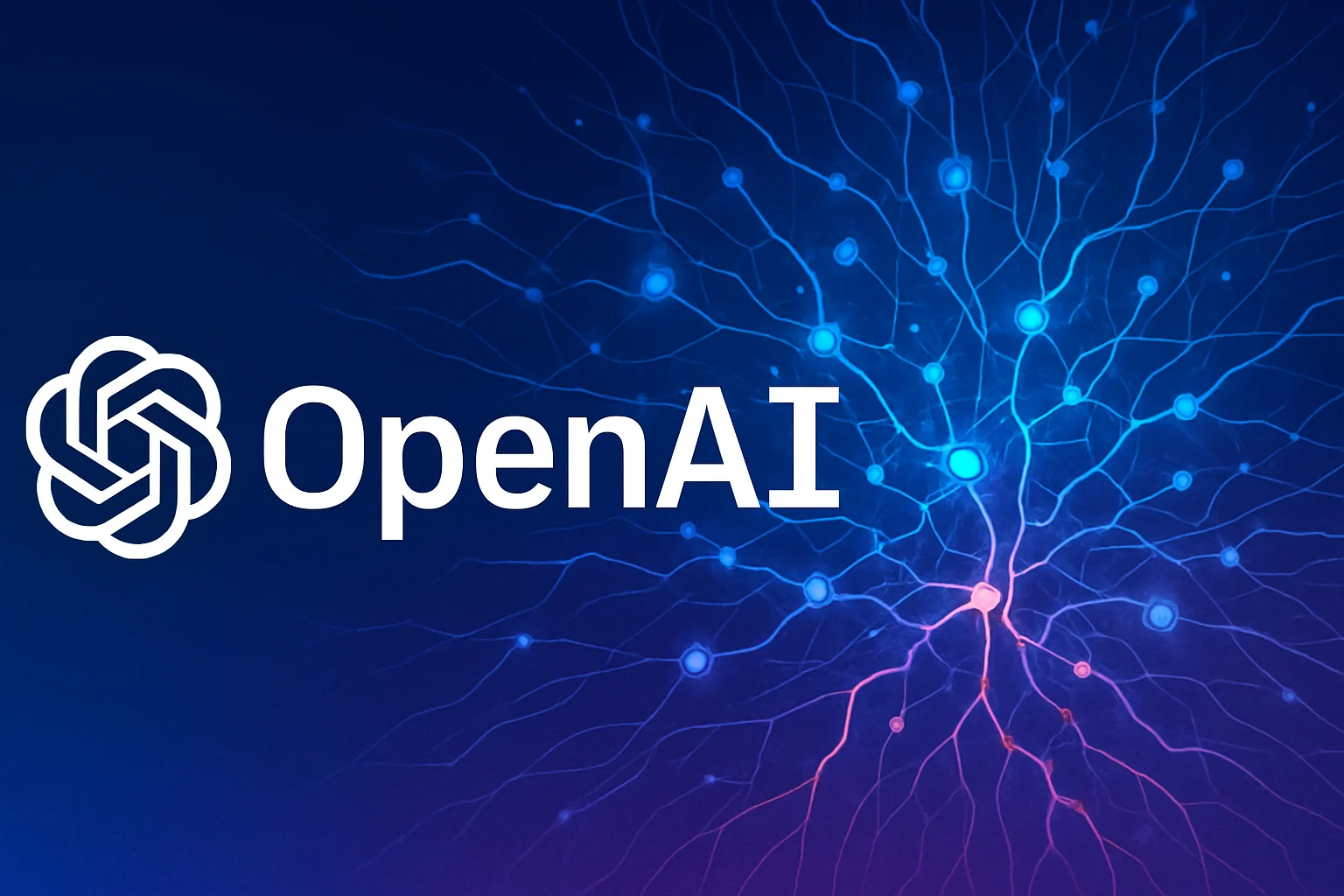 Изображение логотипа OpenAI и абстрактной нейронной сети, символизирующей будущее ИИ и цифровых сервисов.
