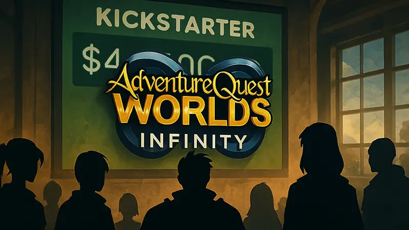 Логотип AdventureQuest Worlds: Infinity на фоне Kickstarter рекорда.