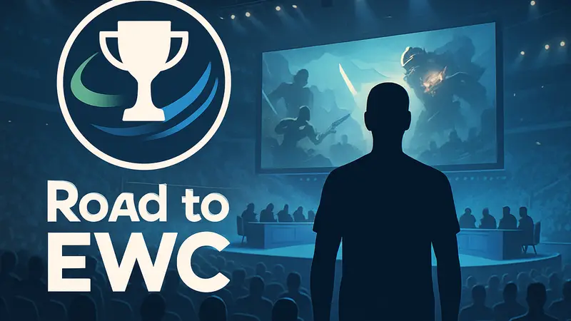 Логотип Road to EWC 2026 и изображение киберспортивных соревнований, символизирующих путь к финалу