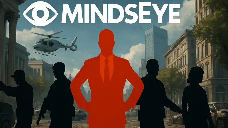 Логотип игры MindsEye от Build A Rocket Boy, на фоне скриншот из игры с персонажами.