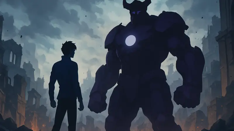 Сун Джин Ву и его новая тень Колосс из игры Solo Leveling: Arise в эпичной позе.