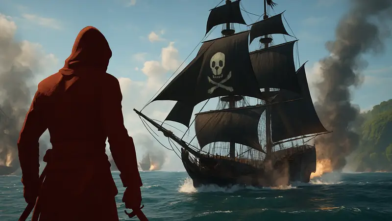 Скриншот из ремейка Assassin's Creed 4 Black Flag Resynced, показывающий морской бой и пиратский корабль.