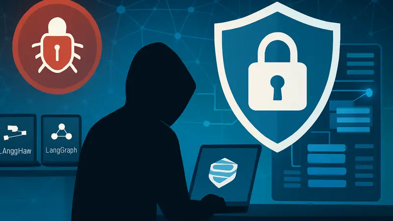 Изображение, символизирующее кибербезопасность ИИ-систем Langflow, LangGraph, LangChain и защиту данных.