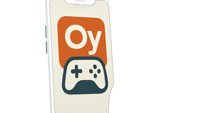 Логотип мобильной игровой студии со словом 'Oy' в названии на фоне смартфонов