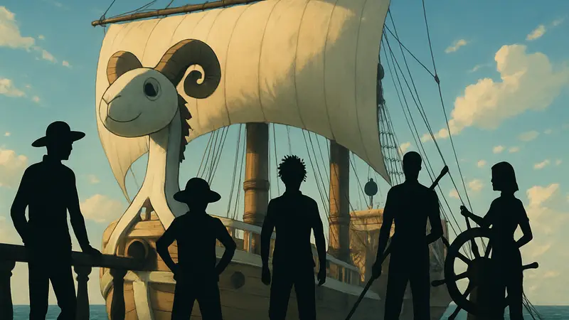 Кадр из сериала Netflix One Piece с персонажами команды Соломенной шляпы на корабле.