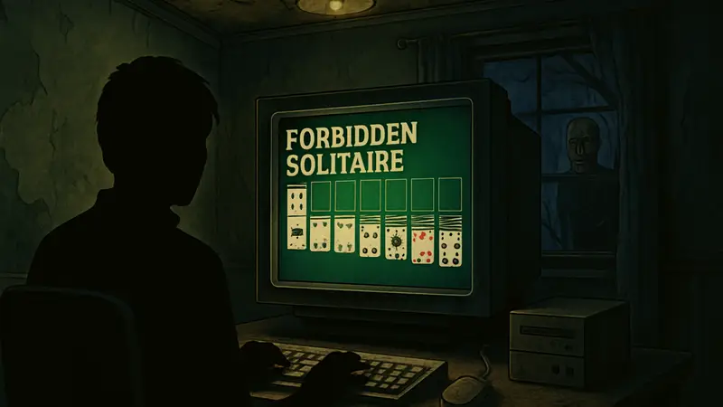 Обложка или скриншот игры Forbidden Solitaire, стилизованный под 90-е. Мета-хоррор.